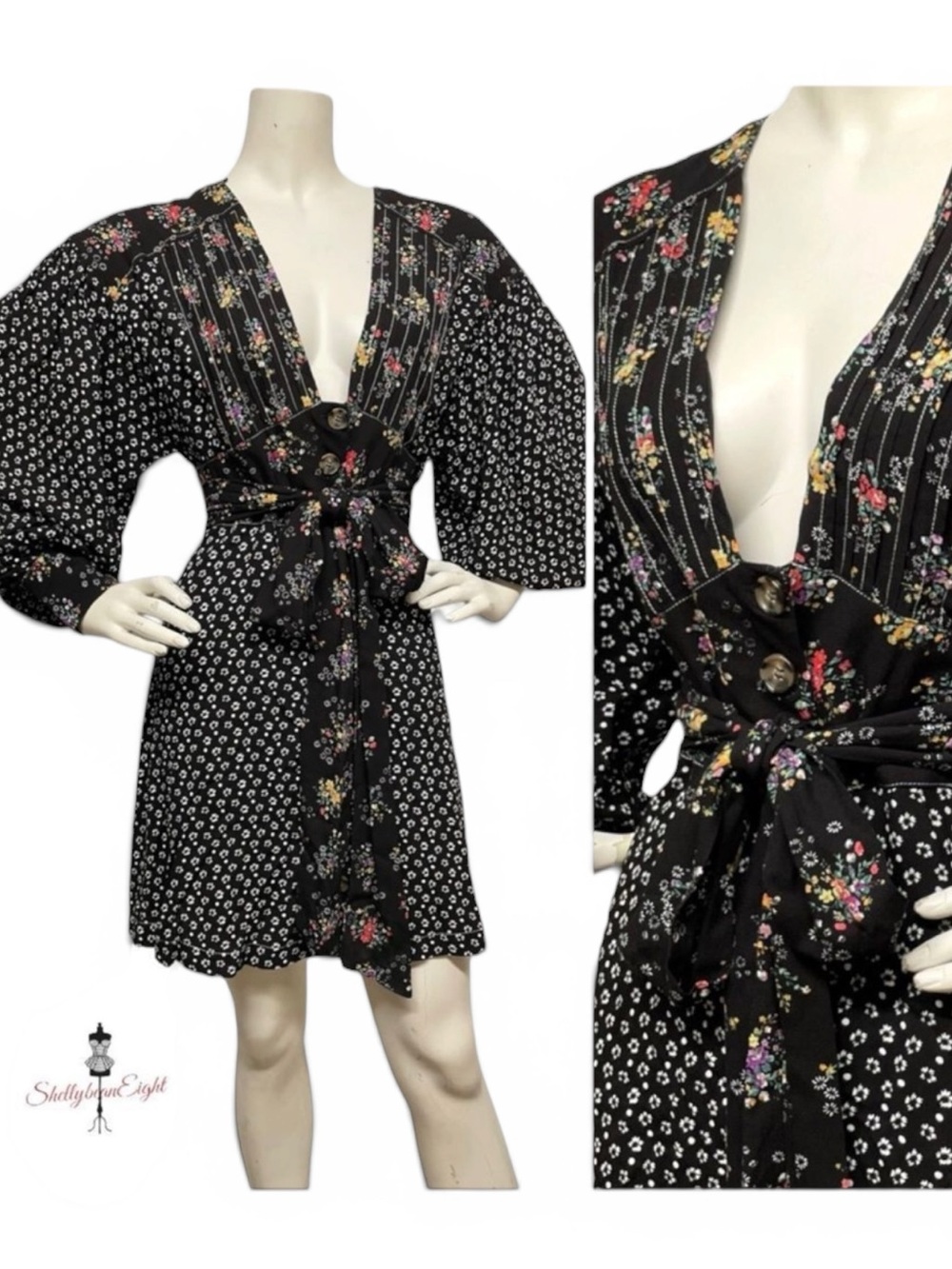 FREE PEOPLE Wonderland Mini Dress Mixed Print Hippie Calico Cottage Core Bell M